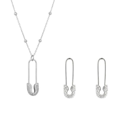 Womens Sterling Silver Jewelled Safety Pin Necklace With Beaded Chain and Earring Set - - One Size - Spero London - Modalova