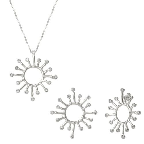 Womens Sun Sunburst Large Textured Molten Sterling Silver Earring and Necklace Set - - One Size - Spero London - Modalova