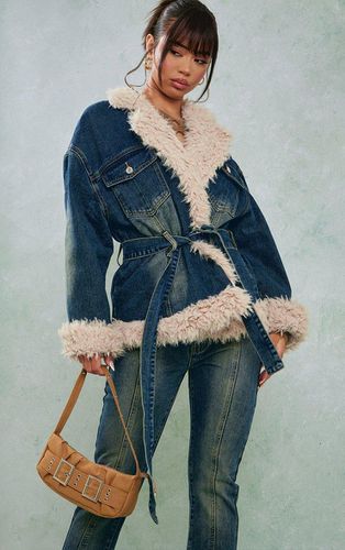 Womens Indigo Vintage Wash Borg Contrast Tie Waist Denim Jacket - - 12 - NastyGal UK (+IE) - Modalova
