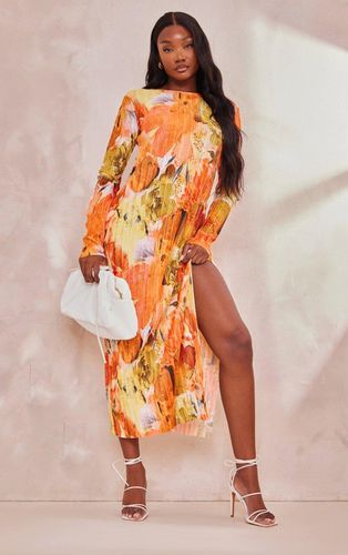 Womens Tall Floral Print Plisse Long Sleeve Split Detail Midi Dress - 8 - NastyGal UK (+IE) - Modalova