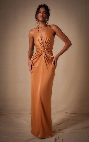 Womens Copper Bridesmaid Satin Twist Plunge Halterneck Maxi Dress - - 8 - NastyGal UK (+IE) - Modalova