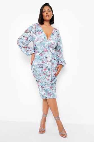 Womens Plus Floral Sequin Puff Sleeve Midi Dress - - 28 - boohoo - Modalova