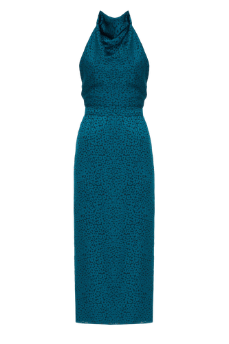 LARA Teal Blue Jacquard Fabric Midi Dress With Cowl Neck - UNDRESS - Modalova