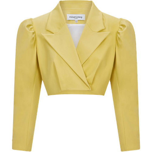 Puff Shoulder Cropped Cotton Blazer (Mustard Yellow) - Femponiq - Modalova