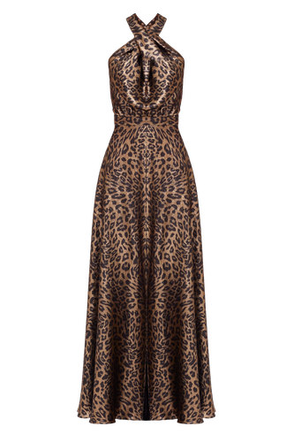 HELIDA Black Bronze Leopard Print Long Dress With Criss-Cross Neck - UNDRESS - Modalova