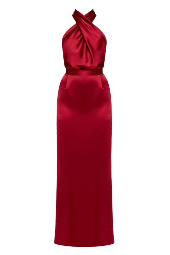 ALIUR deep red maxi evening dress with X neck - UNDRESS - Modalova