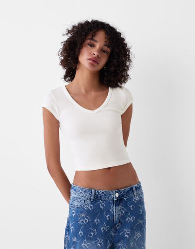 Camiseta Manga Corta Cuello Pico Mujer 10-12 - Bershka - Modalova