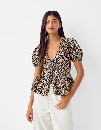 Camisa Manga Corta Detalle Lazo Mujer S - Bershka - Modalova