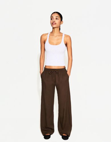 Pantalón Con Lino Goma Cintura Mujer Xxs - Bershka - Modalova