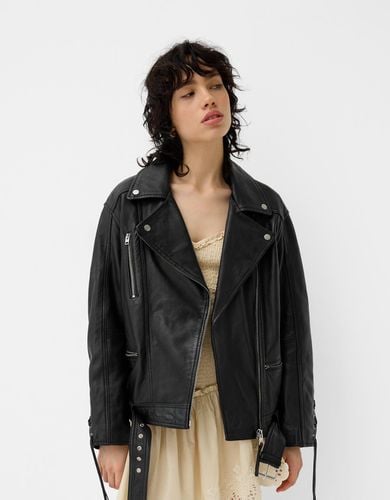 Cazadora Biker Piel Lazada Mujer Xs - Bershka - Modalova