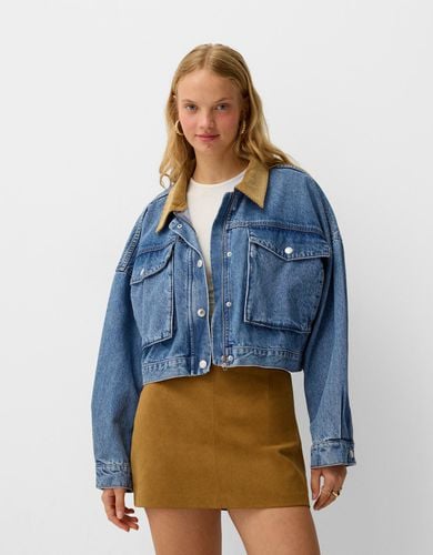 Cazadora Denim Cropped Cuello Contraste Mujer L - Bershka - Modalova