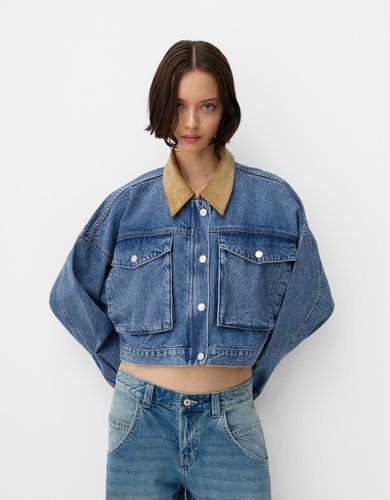 Cazadora Denim Cropped Cuello Contraste Mujer L - Bershka - Modalova