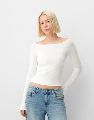 Camiseta Manga Larga Cuello Barco Bordado Mujer L - Bershka - Modalova