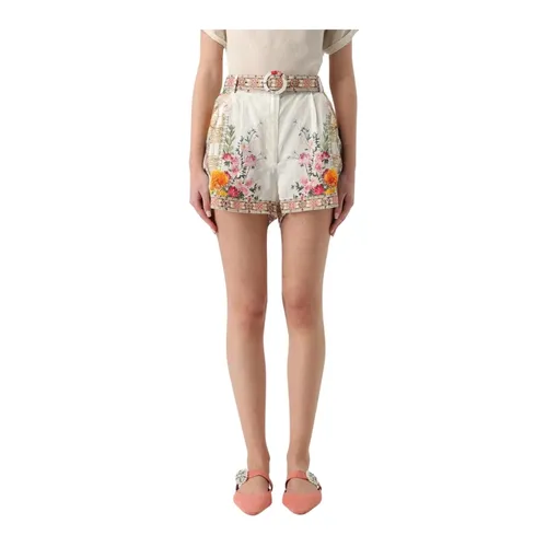 Weiße Blumen Leinen Shorts mit Gürtel - Camilla - Modalova