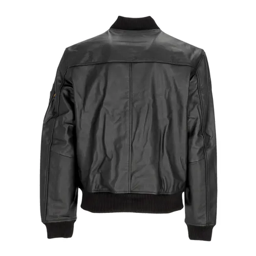 Black Leather Bomber Jacket with Zip - Alpha Industries - Modalova