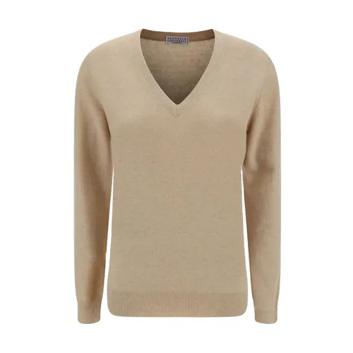 Beige V-Neck Cashmere Sweater - Brunello Cucinelli - Modalova