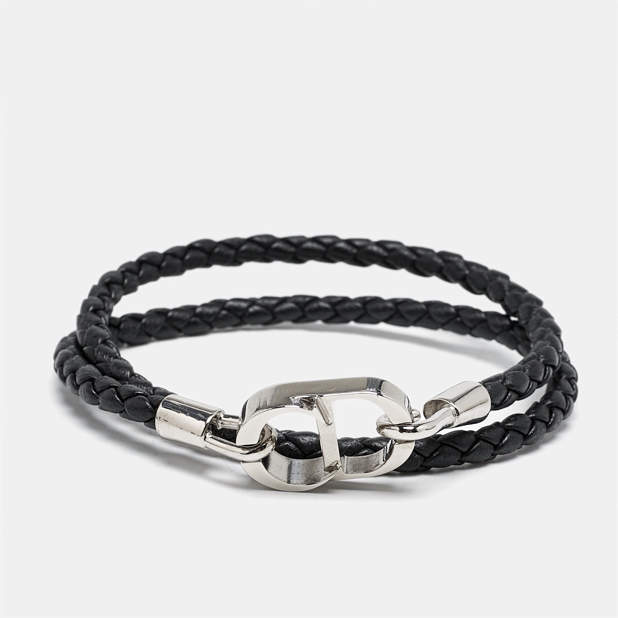 CD Icon Braided Leather Silver Tone Double Bracelet - Dior - Modalova