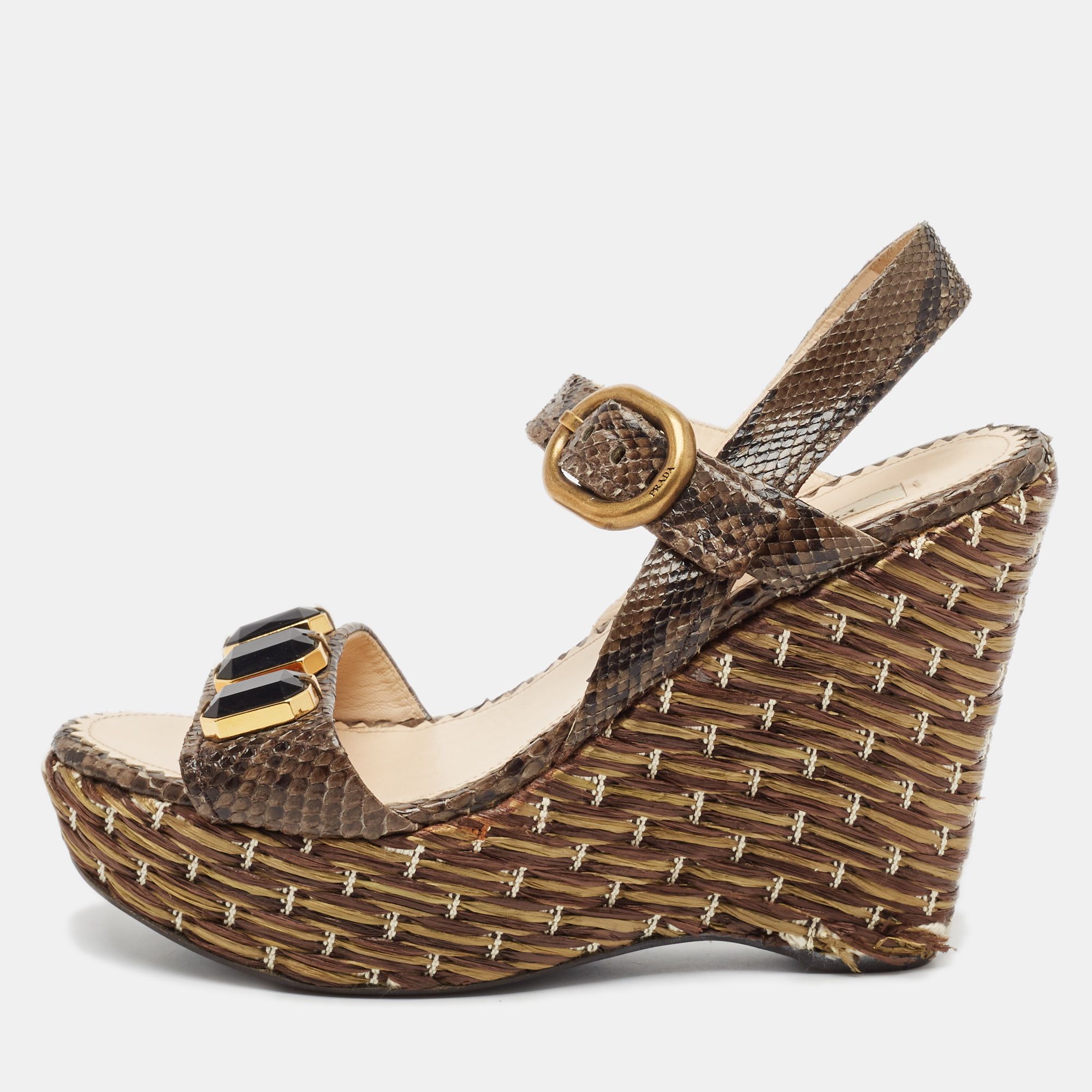 Python Leather Wedge Ankle Strap Sandals Size 39 - Prada - Modalova