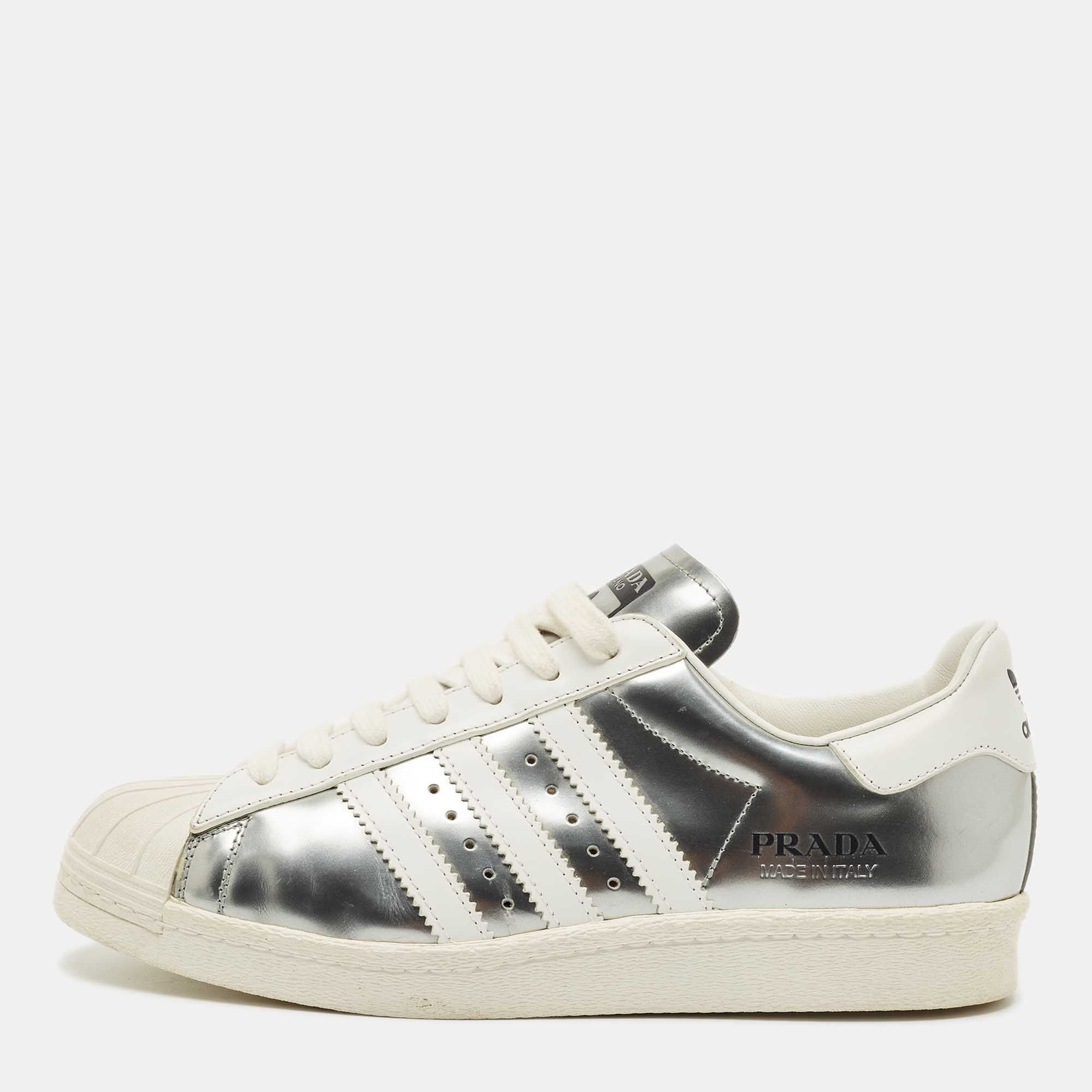 X Adidas Silver/ Leather Superstar Lace Up Sneakers Size 39.5 - Prada - Modalova