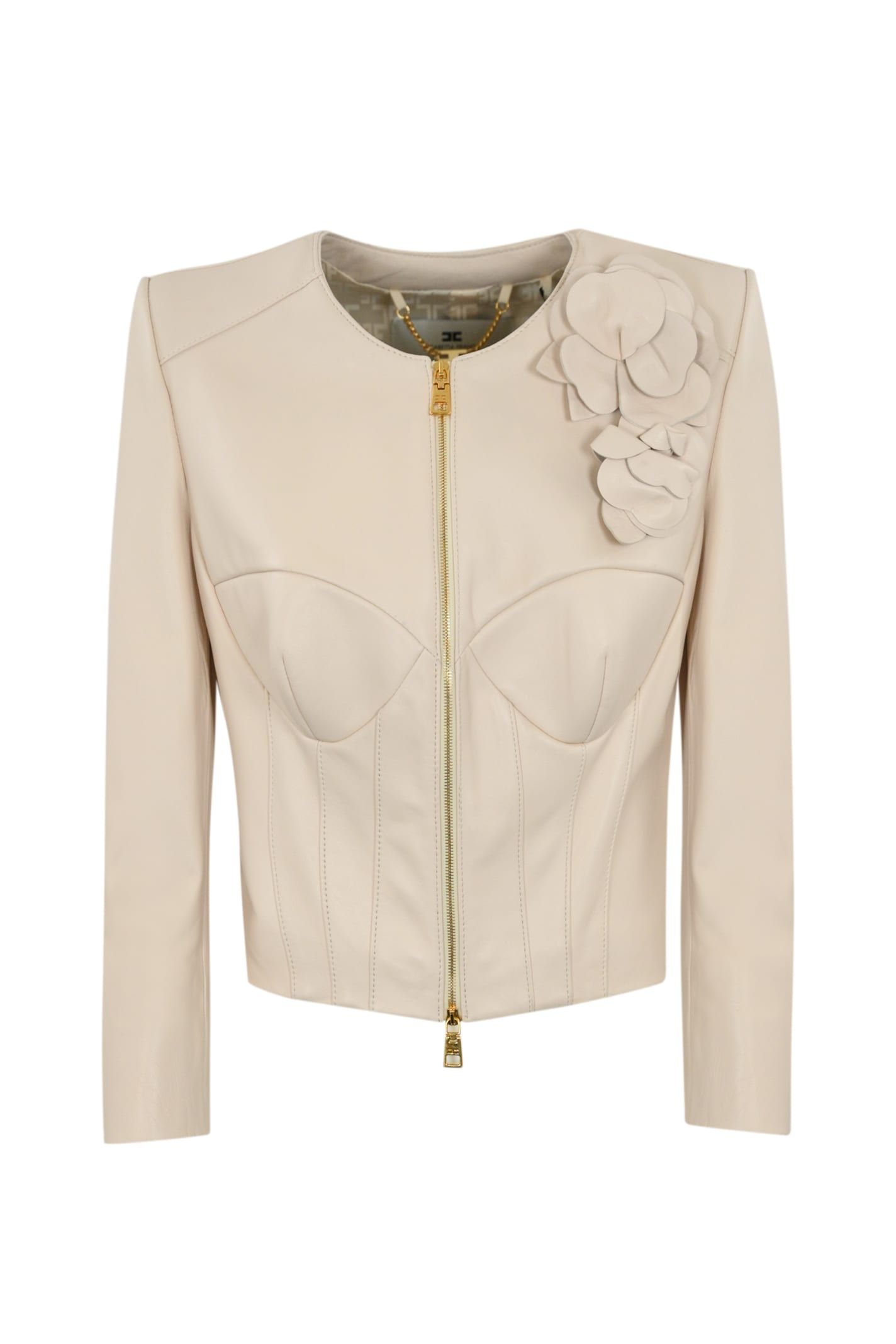 Leather Jacket With Floral Applications - Elisabetta Franchi - Modalova