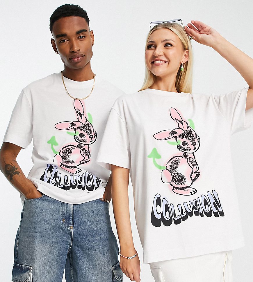 Unisex - T-shirt oversize bianca con stampa di coniglio - Collusion - Modalova