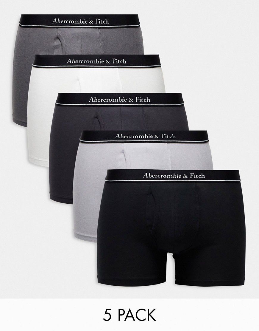 Confezione da 5 boxer aderenti bianchi/grigi con elastico con logo in vita a contrasto - Abercrombie & Fitch - Modalova