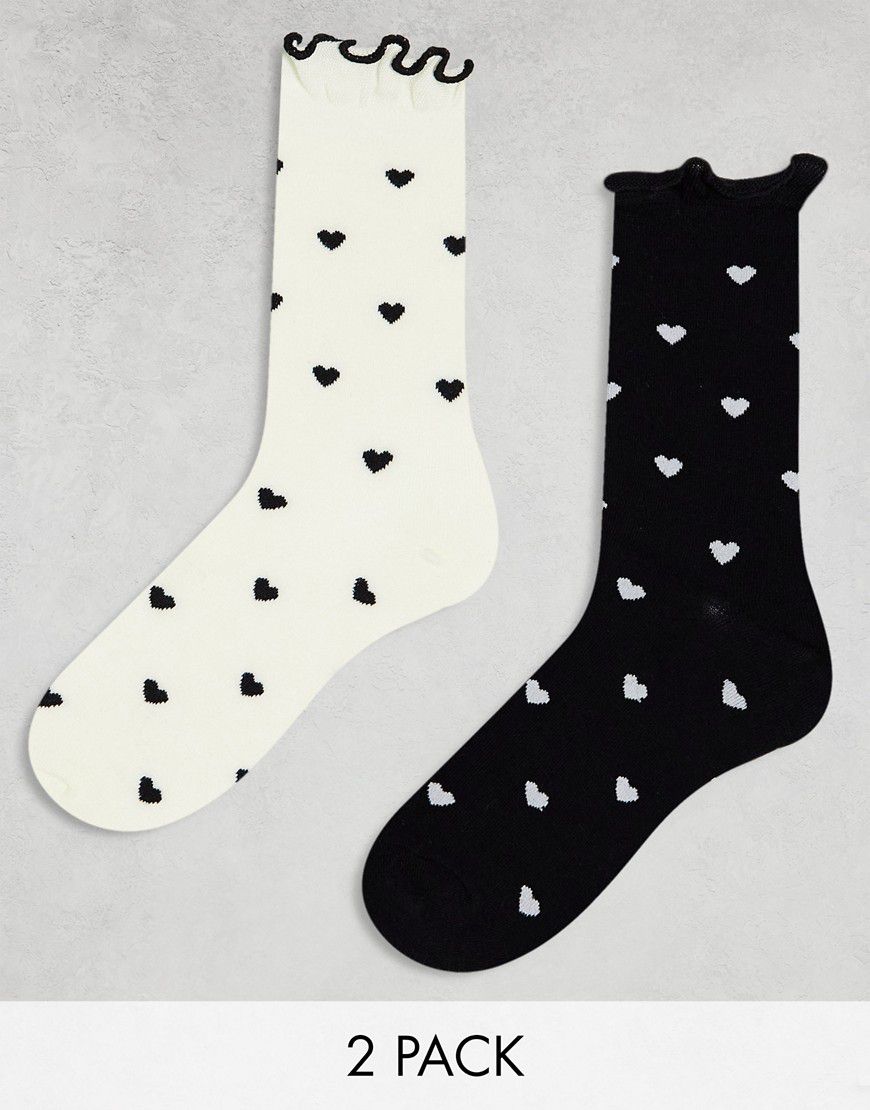 Confezione da 2 paia di calzini bianchi e neri a cuori con orlo smerlato - ASOS DESIGN - Modalova