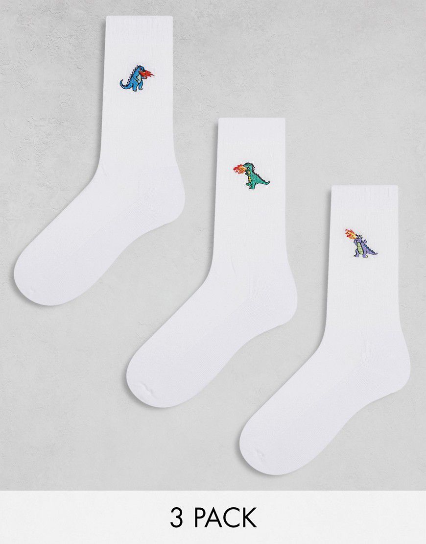 Confezione da 3 paia di calzini bianchi con dinosauri ricamati - ASOS DESIGN - Modalova