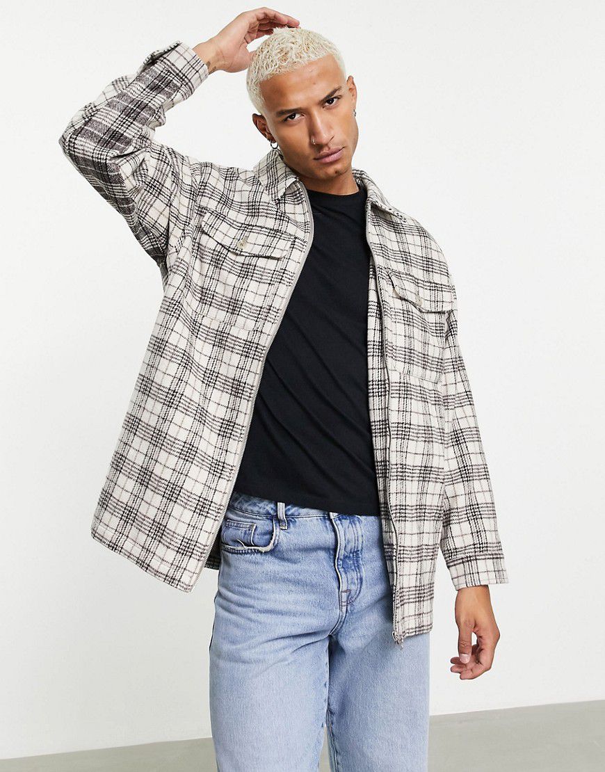 Camicia giacca oversize effetto lana a quadri grigia ed écru con pannello a contrasto - ASOS DESIGN - Modalova