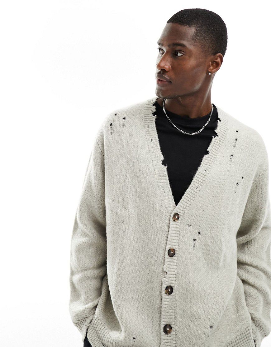 Cardigan oversize in maglia soffice color pietra con effetto bucato - ASOS DESIGN - Modalova