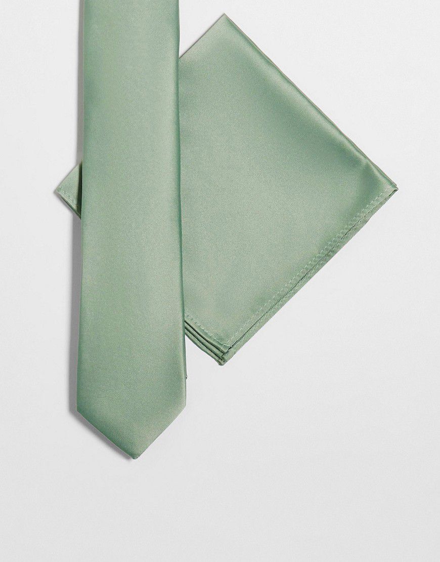Cravatta sottile e fazzoletto da taschino in raso salvia - ASOS DESIGN - Modalova