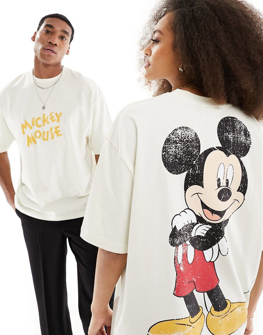Disney - T-shirt unisex oversize bianco sporco con stampe "Mickey Mouse" - ASOS DESIGN - Modalova