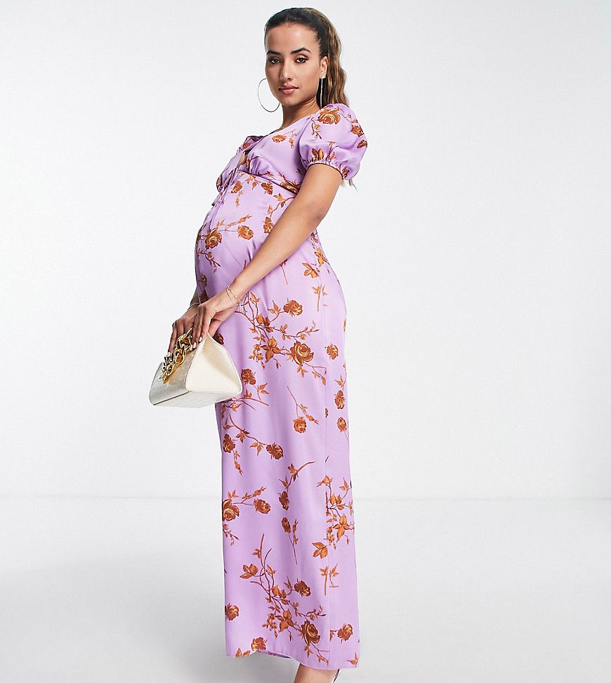 Maternity - Tuta jumpsuit da giorno in raso a fiori con maniche a sbuffo - ASOS DESIGN - Modalova