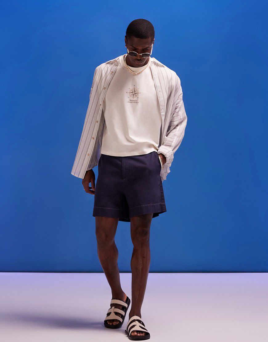 Pantaloncini ampi taglio corto effetto lino blu navy con finiture a contrasto - ASOS DESIGN - Modalova