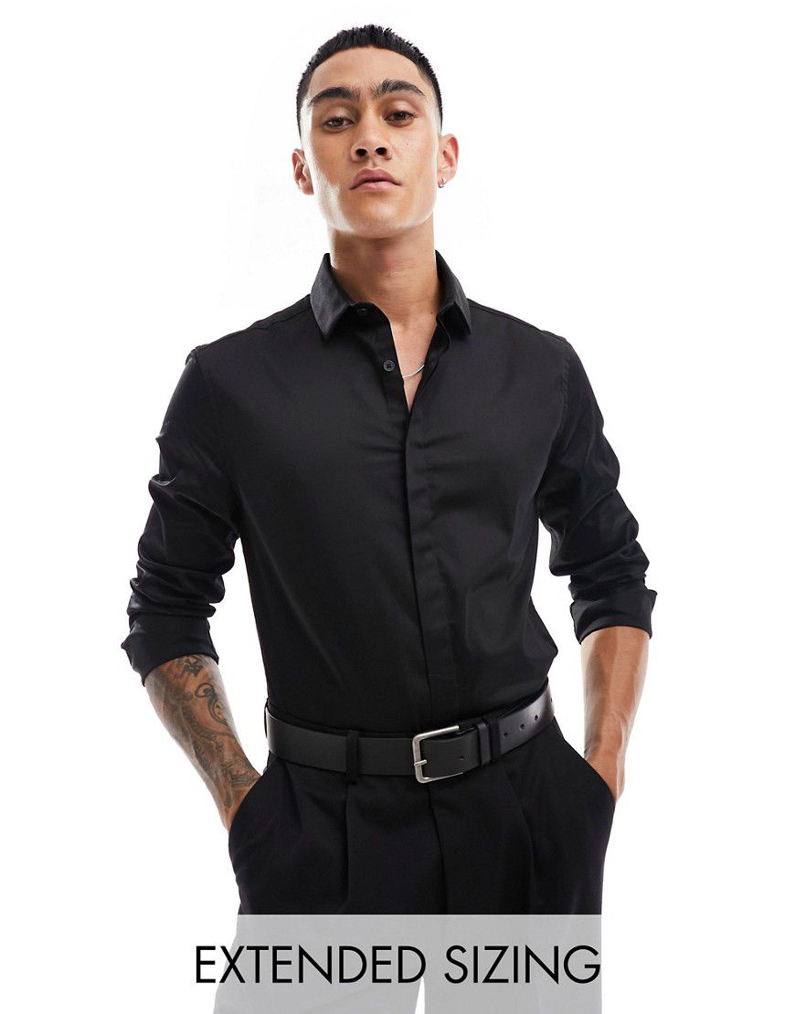 Premium - Camicia slim fit in rasatello nera - ASOS DESIGN - Modalova