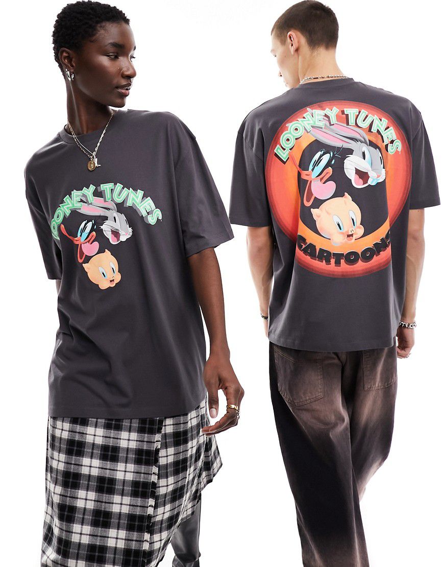 T-shirt oversize unisex antracite con grafica "Looney Tunes" su licenza sul retro - ASOS DESIGN - Modalova