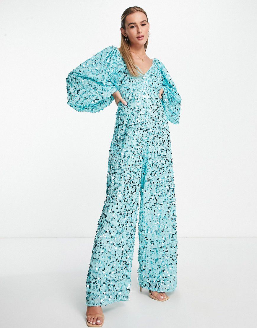 Tuta jumpsuit con maniche ampie e fondo ampio in paillettes turchese - ASOS DESIGN - Modalova