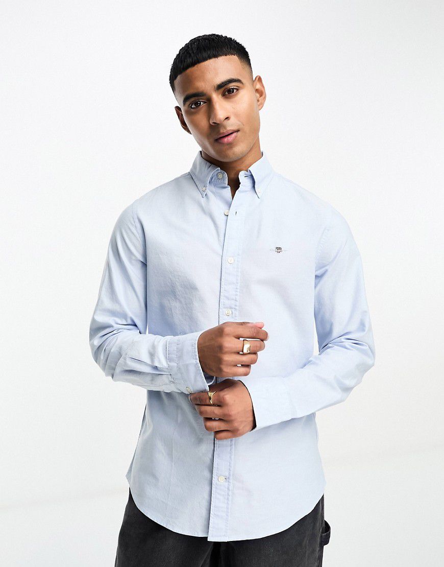 Camicia Oxford slim fit azzurra con logo - Gant - Modalova