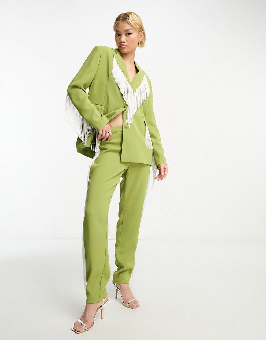 Pantaloni premium dritti verdi e bianchi con frange in coordinato - Extro & Vert - Modalova