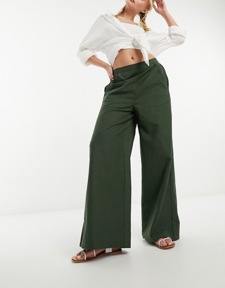 Pantaloni misto lino color oliva a fondo ampio - French Connection - Modalova