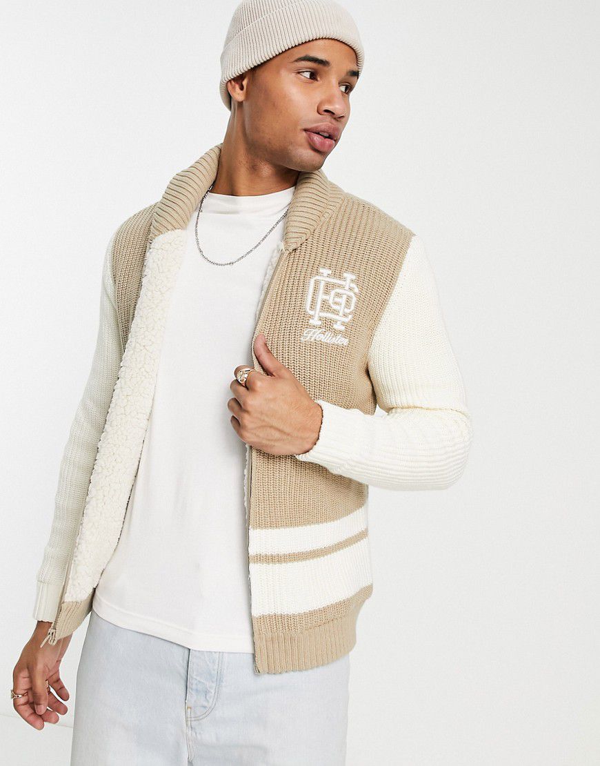 Cardigan in maglia foderata in pile borg con zip, colletto sciallato e monogramma del logo color cuoio - Hollister - Modalova