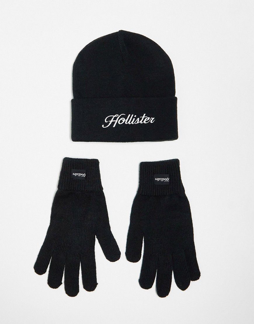 Set con berretto e guanti in maglia nera con logo - Hollister - Modalova