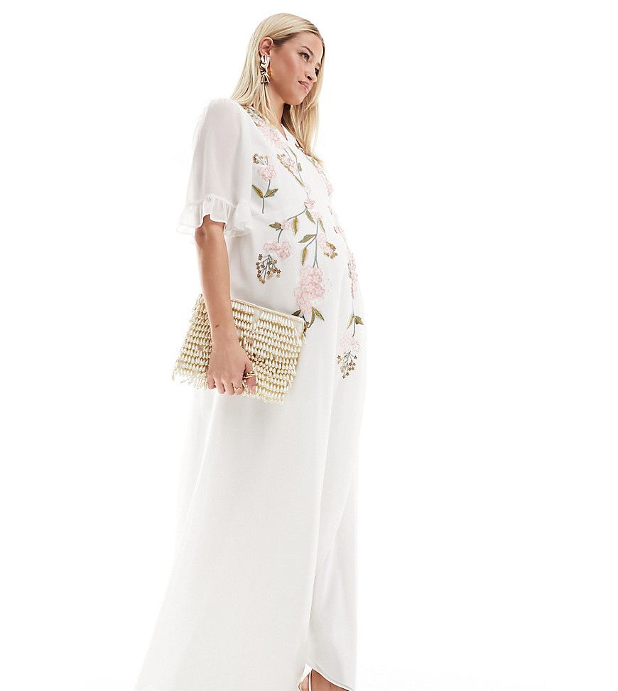 Vestito lungo a portafoglio ricamato color avorio - Hope & Ivy Maternity - Modalova