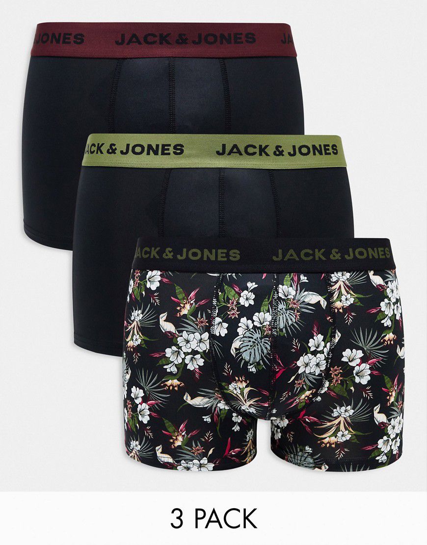 Confezione da 3 paia di boxer aderenti neri e neri a fiori - Jack & Jones - Modalova