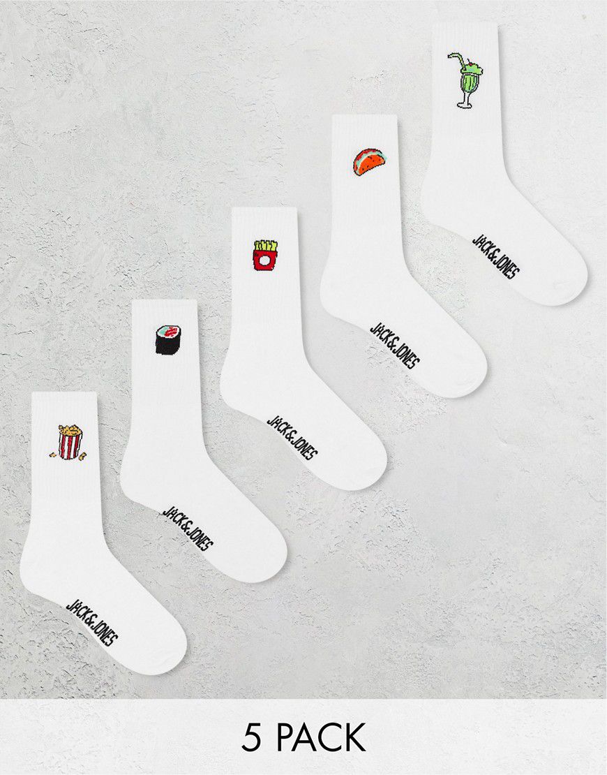Confezione da 5 paia di calzini da tennis bianchi con ricamo di cibi - Jack & Jones - Modalova