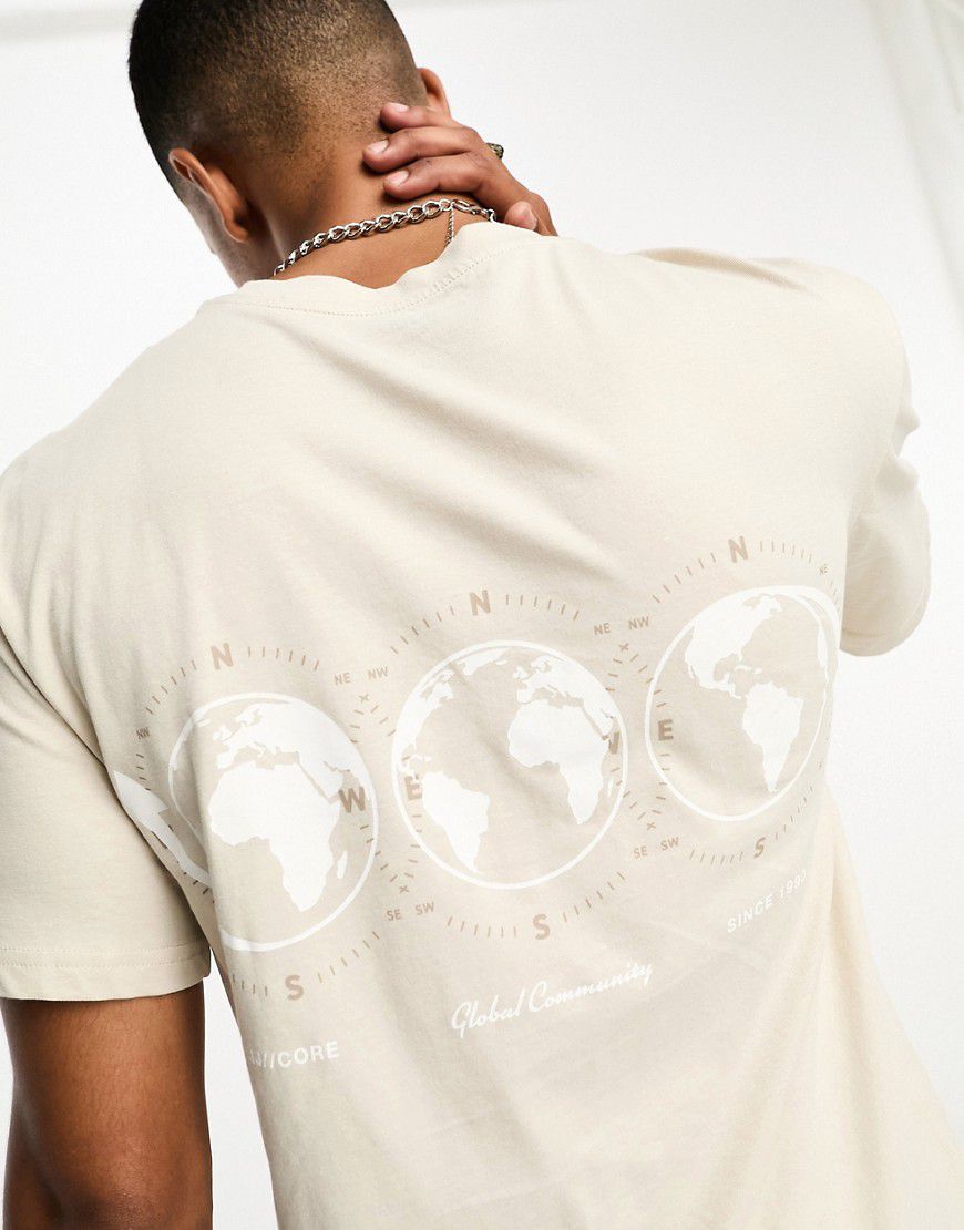 Originals - T-shirt comoda beige con stampa di globo sul retro - Jack & Jones - Modalova