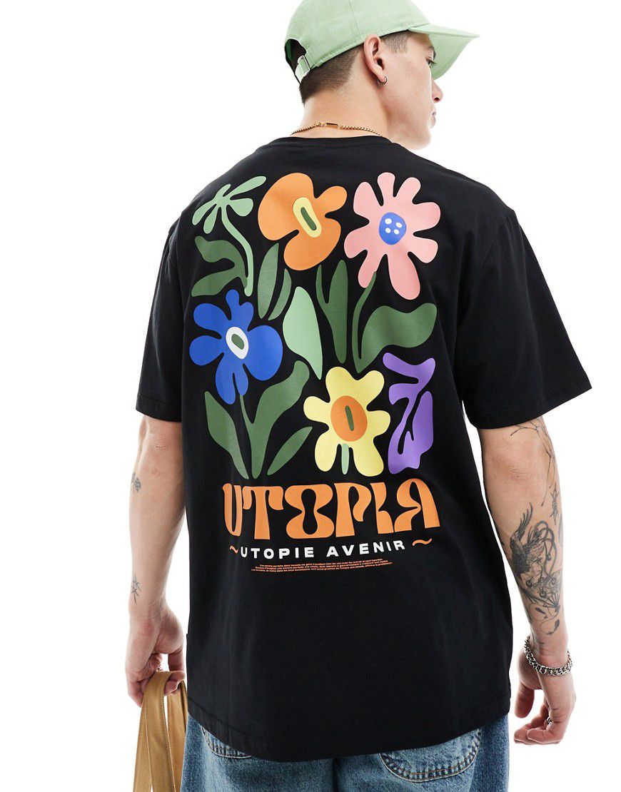 T-shirt oversize nera con stampa "Utopia" sul retro - ONLY & SONS - Modalova