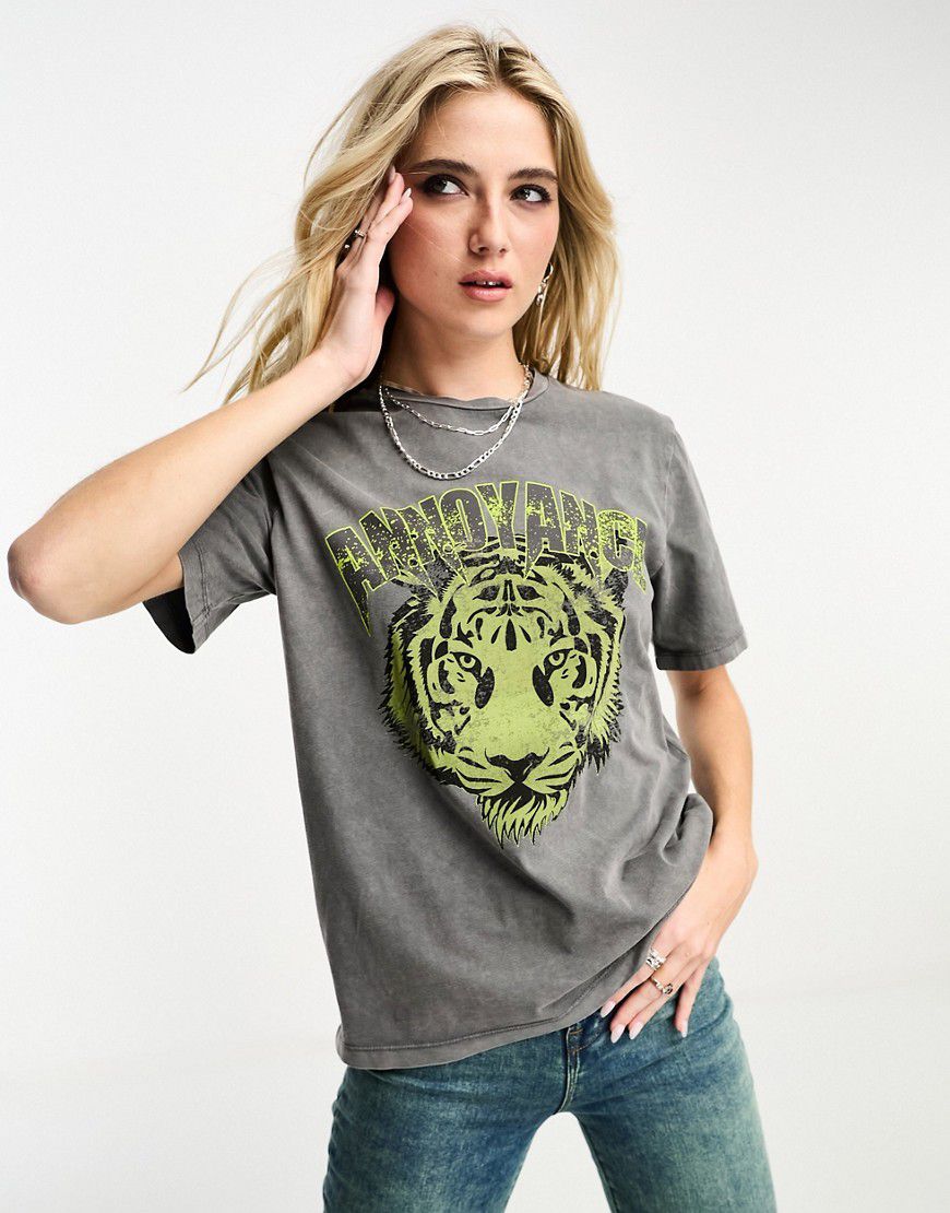 T-shirt slavata con stampa di tigre lime sul davanti - Object - Modalova