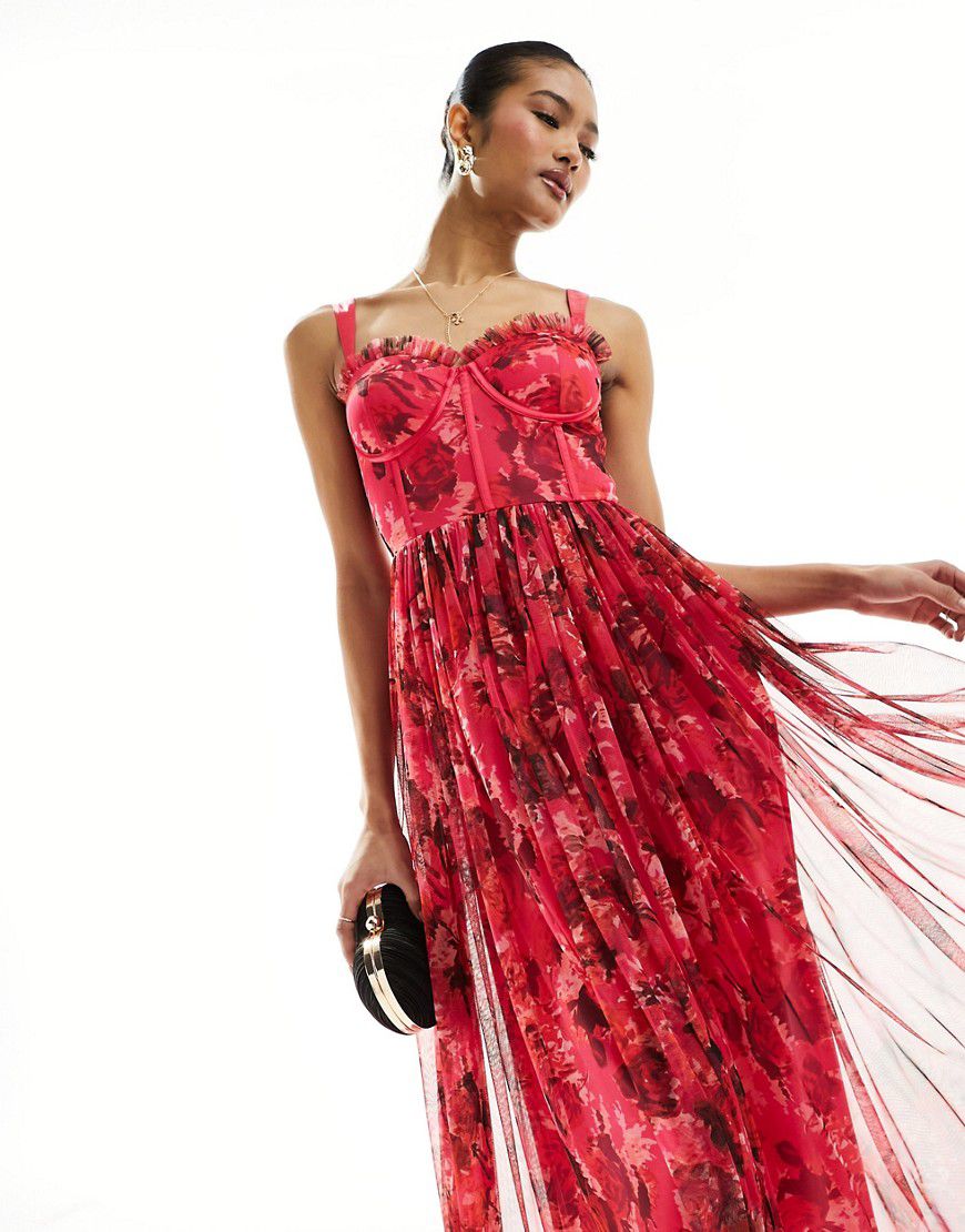 Vestito midi in tulle e rosso a fiori con corsetto - Lace & Beads - Modalova