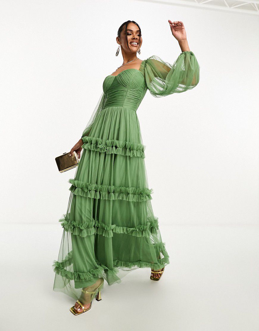 Vestito lungo oliva con volant e maniche trasparenti - Lace & Beads - Modalova